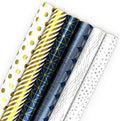 Hallmark Bulk Wrapping Paper Rolls for Birthday, Wedding, Graduation – Blue Metallic Gift Wrap Paper (Set of 6 Rolls: 180 Square Feet Total) Silver Stars, Gold Dots, Stripes, Navy