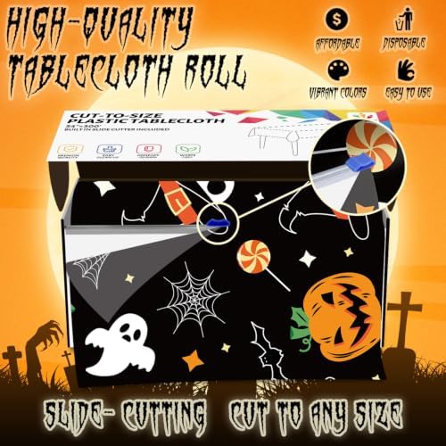 CXPSINC 54 Inch X 300 Feet Plastic Table Cover Roll Disposable Halloween Tablecloth with Slide Cutter Pumpkin Ghost Plistic Table Covers for Halloween Party Decorations(Pumpkin Ghost, 300 Feet)