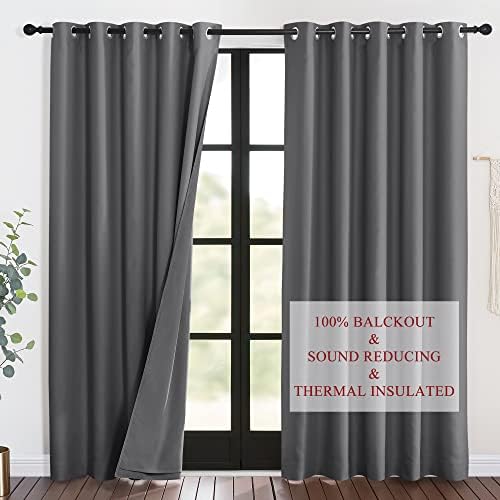 NICETOWN Noise Insulation Curtain Panels, Pair of Energy Smart & 100% Blackout Echo of Sounds Reducing Drapes for Dining Room Window, Thermal Guest Room Lined Window Dressing(Gray, 62 x 84 inch)