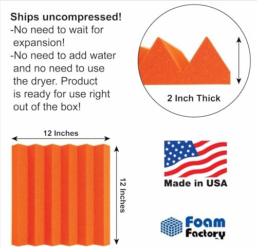 Foam Factory Inc 24 Pack Color Acoustic Foam Panel Studio Soundproofing Wedge Wall Tiles 12” X 12” X 2” (Orange)