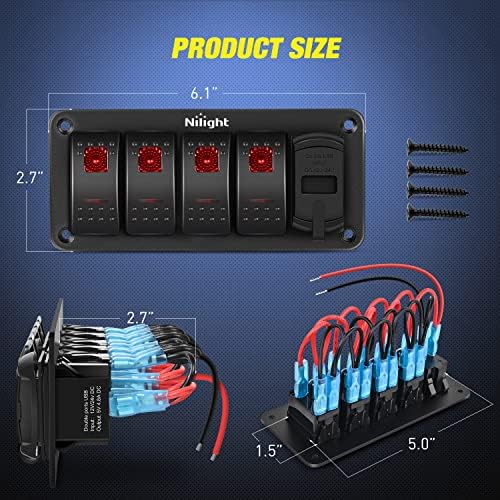 Nilight 4 Gang Rocker Switch Panel with Dual USB Socket Voltmeter
