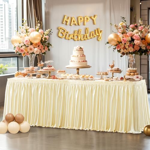 Wish Care 21ft Champagne Satin Long Table Skirt for Rectangle Tables Wrinkle Free Teacher Desk Skirt Glitter Ruffle Table Skirting Cloth for Back to School Classroom Office Birthday Party Table Decor