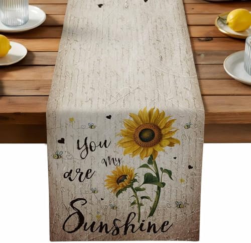 You are My Sunshine Table Runner Dresser Scarf 13 x 108 Inch Vintage Sunflowers Newspaper Texture Table Runners Non-Slip Heat Resistant Kitchen Dining Table Decor for Home Holidays Indoor Outdoor