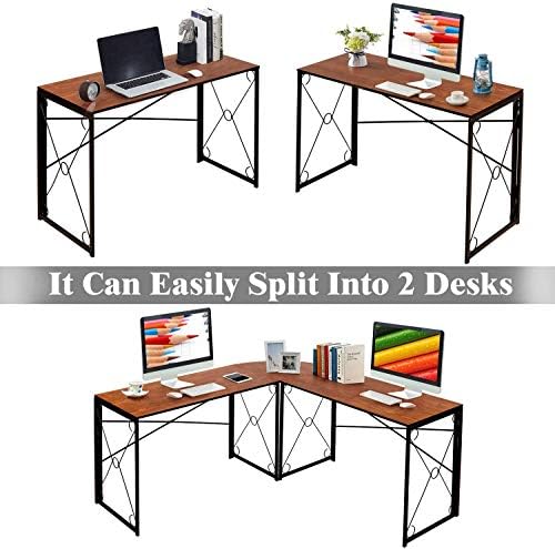 VECELO 59" L Shaped Computer Desk, Corner Computer Desk, Sturdy Home Office Computer Table for Small Space, Writing Desk, Larger Gaming Desk Workstation, Brown