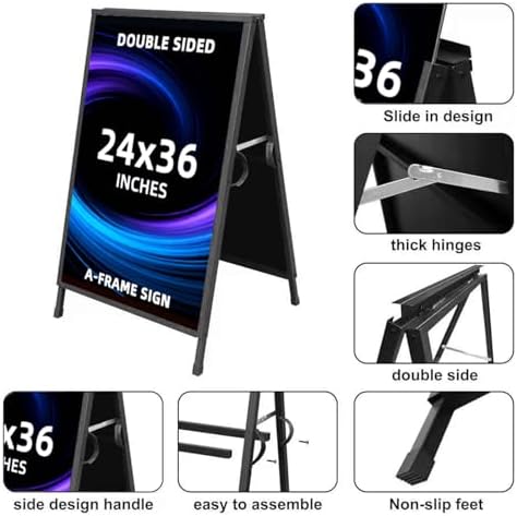 Heavy Duty Slide-in Folding Sandwich Board A-Frame Sidewalk Sign 24x36 Inch Black Coated Steel Metal Double-Sided Pavement Sign (Frame only)