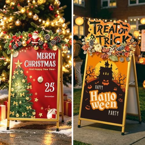 Golden A Frame Sign, Heavy Duty Slide-in A Frame Sign Holder, Double-Side 24x 36 Inch Sandwich Board for Office, Wedding, Business, Party Poster, Frame only