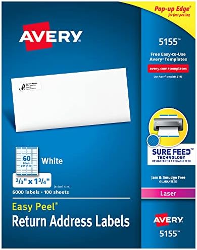 Avery® Printable Return Address Labels, Sure Feed® Technology, 0.5" x 1.75", White, 6,000 Blank Mailing Labels (05155)