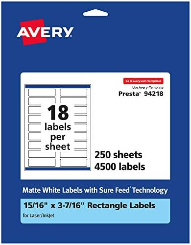 Avery® Matte White Rectangle Labels, Sure Feed® Technology, 15/16" x 3-7/16", 4,500 Matte White Printable Labels