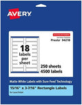 Avery® Matte White Rectangle Labels, Sure Feed® Technology, 15/16" x 3-7/16", 4,500 Matte White Printable Labels