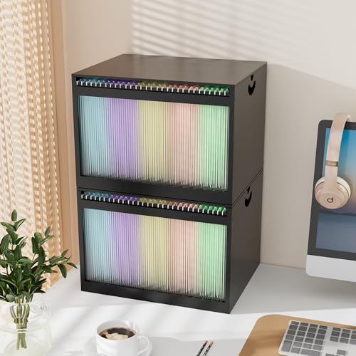 Bamboo Hanging File Organizer, Desktop File Box with Lids, 2 Pack, Black | Removable Lid, Clear Acrylic Side Panels, 4 Hanging Folders Included, Helps Reduce Dust, Letter & Legal Size, Easy Assembly