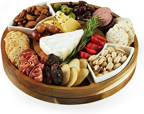 Twine Rotating Wood Serving Board - Round Charcuterie Board - Lazy Susan Wooden Cheese Board Set with Ceramic Dishes - Set of 1