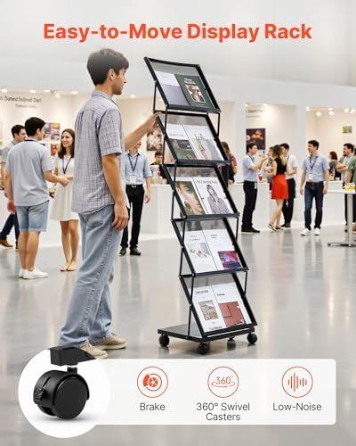VEVOR Brochure Display Rack, Foldable 5 Pockets Magazine Literature Display Stand, Movable Floor Standing Magazine Rack with Wheels, Metal Newspaper Catalog Holders for Shop Exhibitions Office Show
