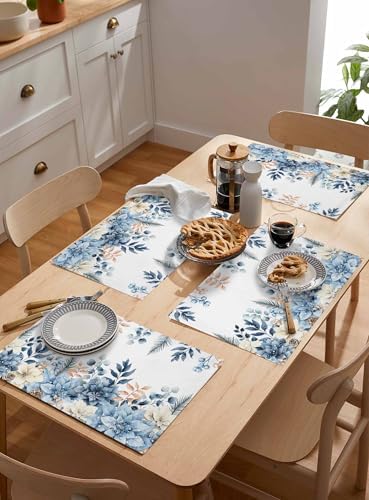 Blue Christmas Poinsettia Placemats Set of 6, Winter Eucalyptus Leaves Heat Resistant Washable Table Place Mats Cotton Table Linens Party Holiday Decor for Kitchen Dining Outdoor Indoor
