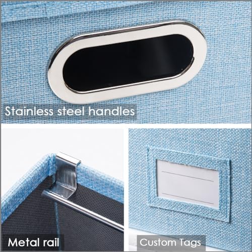 PRANDOM File Organizer Box - Set of 4 Collapsible Decorative Linen Filing Storage Hanging File Folders with Lids Office Cabinet Letter/Legal Size Blue 17.1x14x11.1 inch