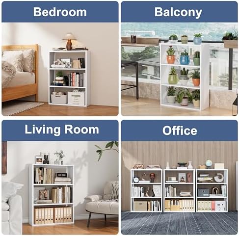 3-Tier Metal Bookshelf, Open Shelf Storage, Includes 4 Corner Bumpers, Space-Saving Vertical Storage for Living Room, Home Office, 35.43" Hx27.56 Wx11.81 D, White