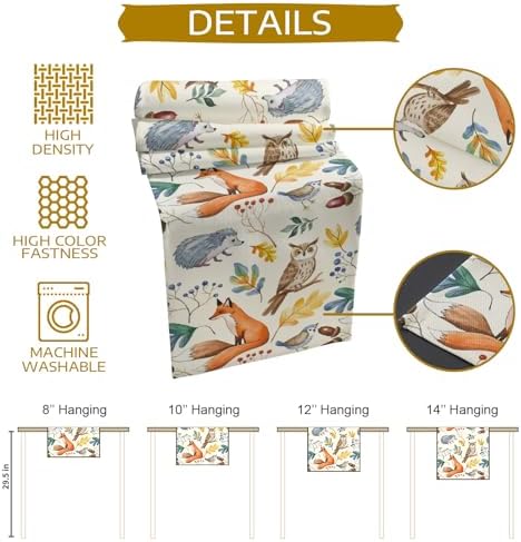 Fall Table Runner Autumn Animal Table Runners Harvest Thanksgiving Owl Bird Fox Leaves Cotton Linen Dresser Scarf Kitchen Dining Table Decor for Autumn Holiday Party Coffee 13x70 Inch