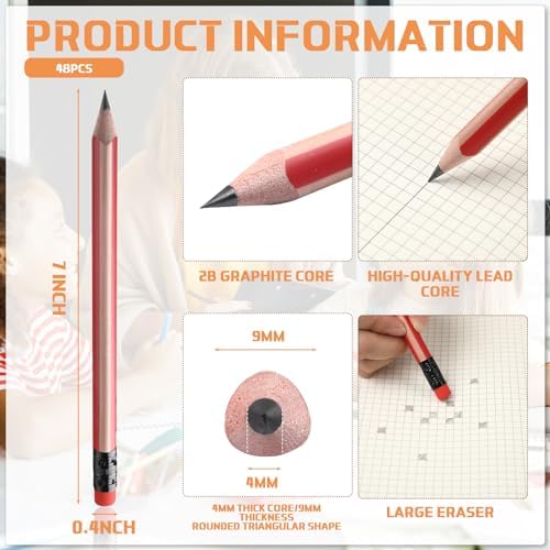 Seajan 48 Pcs 2b Jumbo Pencils, Big, Fat, Thick, Triangular Grip 7 Inch Large Pencils Refill with Eraser for Beginners Office Christmas Gifts(Red)