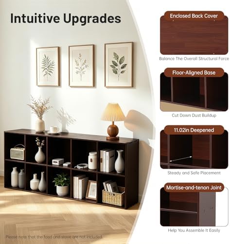 10 Cube Storage Organizer - Pine Wood Bookshelf - Cube Shelf - Vertical or Horizontal Bookcase - Open Book Shelf - Easy Assembly for Bedroom, Living Room, Office - Brown