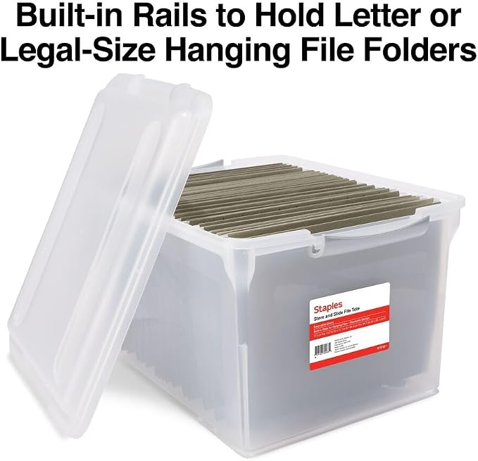 Staples Store & Slide Plastic File Box, Latching, Letter/Legal, 2/Pk | Clear, stackable box keeps hanging files secure and easy to transport.
