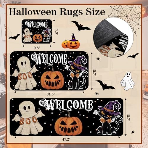 Kitchen Rugs Mat 2 PCS Christmas Halloween Kitchen Rugs Non Slip Washable with 1 PCS Mouse Pad Home Rug Sets Decorations, Ghost Black Cat