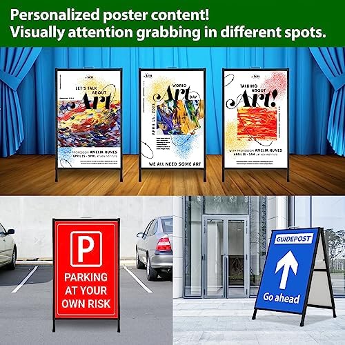 A Frame Sidewalk Sign 24 x 36 Inch Outdoor, Double-Sided Folding Sandwich Board with Handle, Heavy Duty Metal Slide-in A-Frame for Business, Advertising, Party, with 2 Plastic Boards