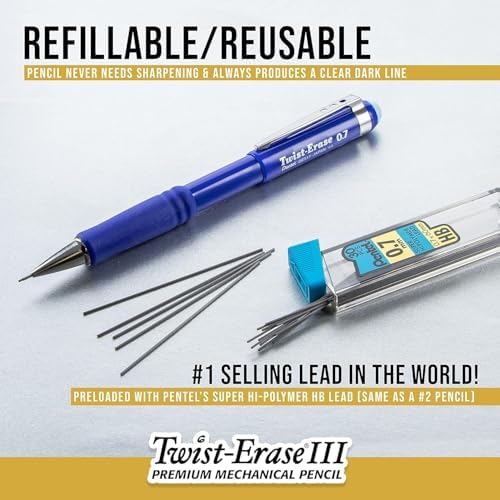 Pentel Twist Erase III Mechanical Pencil 0.7mm - Pre-Loaded Super Hi-Polymer HB Lead - Assorted Color Barrels - Pack of 3 + Lead & Eraser Refills