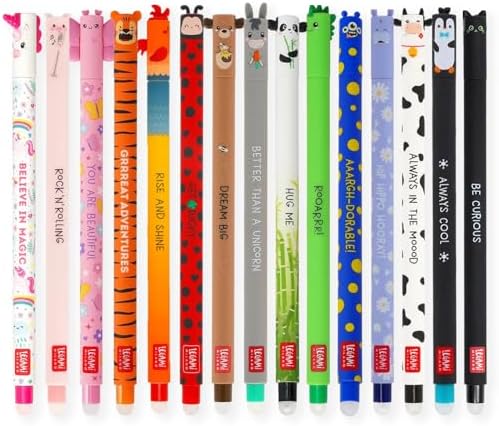 LEGAMI - Set of 15 Erasable Gel Pens with Thermosensitive Erase Ink, Range of ink colours & barrel designs, 0.7mm Tip, Animal Designs, Ladybug, Monster, Tiger, and Farmyard