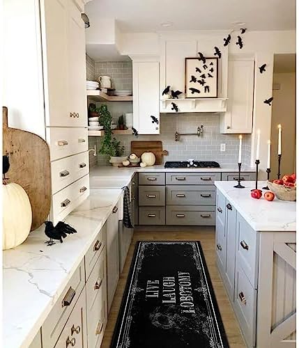Goth Kitchen Mat Set of 2 - Non Slip Halloween Spooky Kitchen Rugs Black Goth Rug Skull Witchy Rug for Home Kitchen - Live Laugh Lobotomy Sign - Halloween Gothic Kitchen Decor Accessories