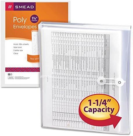 Smead Poly Envelope, 1 1/4 Inch Expansion, String-Tie Closure, Side Load, Letter Size, Clear, 5 per Pack (89521)