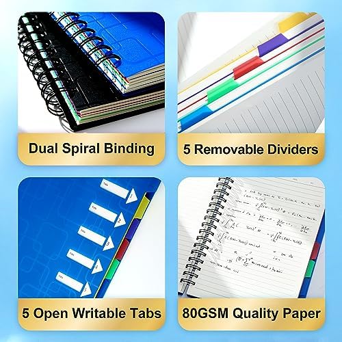 CAGIE Spiral Notebook 5x7 5 Subject Notebook with Dividers, Blue