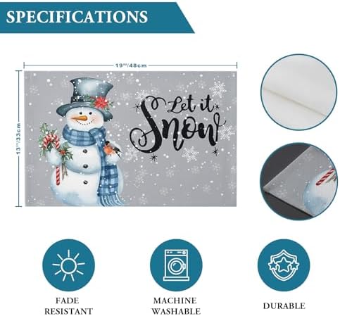Snowman Christmas Placemats Set of 6, Let It Snow Winter Holiday Heat Resistant Washable Table Place Mats Grey White Cotton Table Linens Party Holiday Decor for Kitchen Dining Outdoor Indoor
