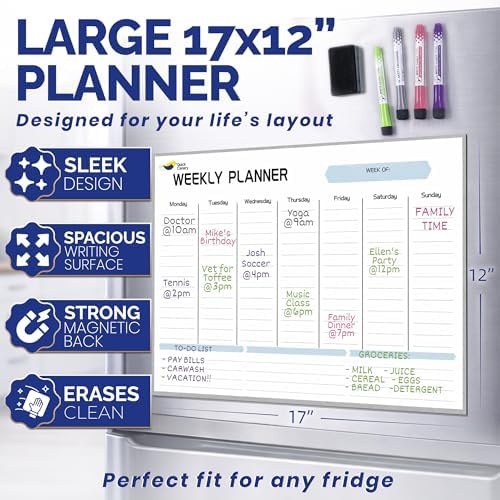 Large Magnetic Weekly Planner for Fridge, Dry Erase Whiteboard Magnet | 17x12" Stain-Resistant Surface, Strong Full-Back Magnet, 7-Day Weekly Planner for Meals & Chores, 4 Markers & Eraser