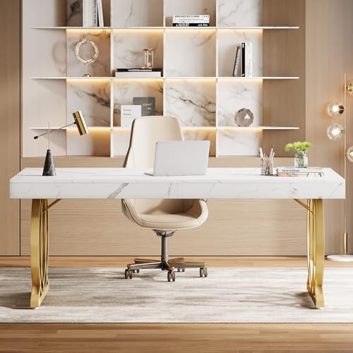 Tribesigns 63-Inch Executive Desk, Modern Office Computer Desk with Stylish Gold Legs, Rectangular Workstation for Home Office, Small Conference Table for Meeting Room (White & Gold)