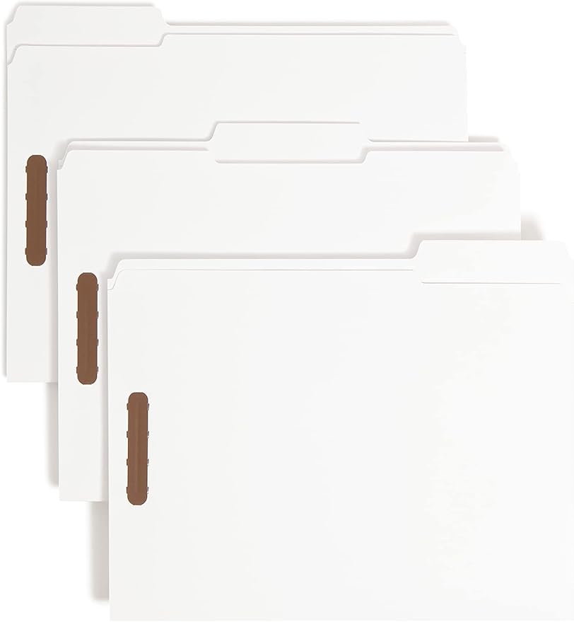Smead Fastener File Folders, Reinforced 1/3-Cut Tabs, 2 Fasteners, Letter Size, White, 50 per Box (12840)