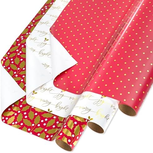 Papyrus Christmas Wrapping Paper Rolls, Greenery, Lettering and Polka Dots (3 Rolls, 22.5 sq. ft.)