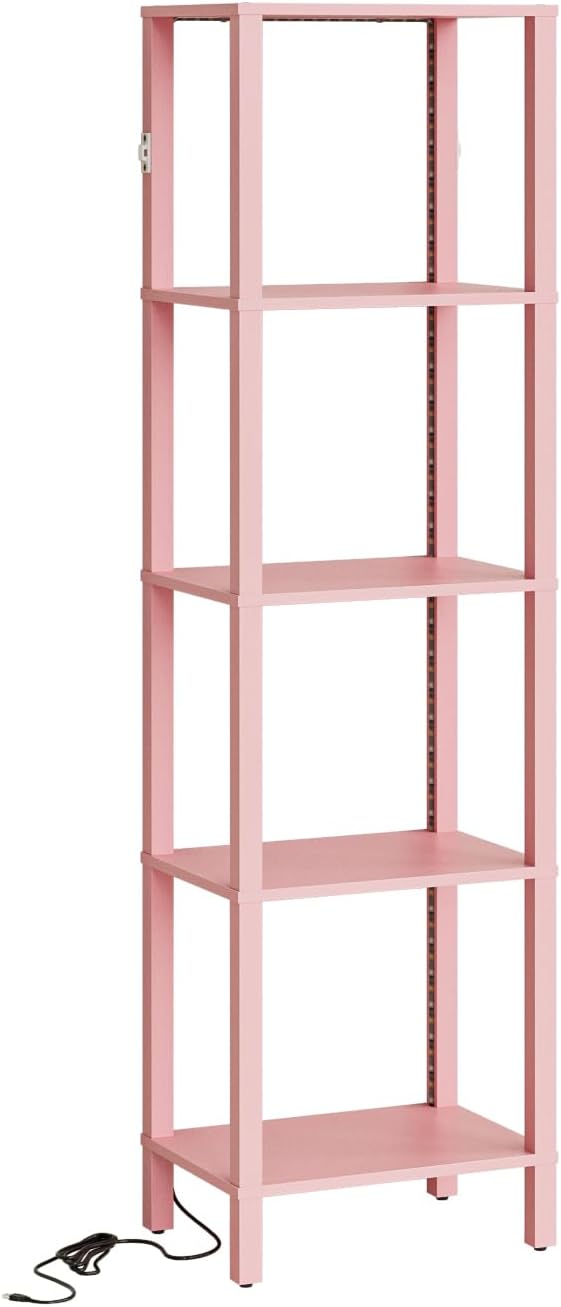 Open Book Shelf with LED Lights, 5 Tier Tall Bookshelf, Freestanding Shelf Narrow Bookcase with Open Shelves, 14.96" x 10.63" x 53.54", Book Shelves for Living Room, Office, Study, Pink