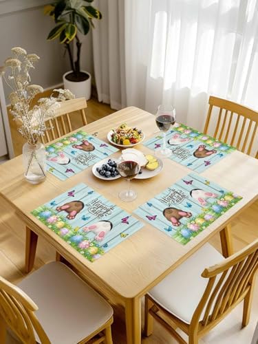 Spring Easter Placemats Set of 4, Funny Bunny Tails Rabbit Heat Resistant Washable Dining Table Mats Floral Farmhouse Decor for Kitchen&Table Linens Outdoor IndoorOutdoor Indoor