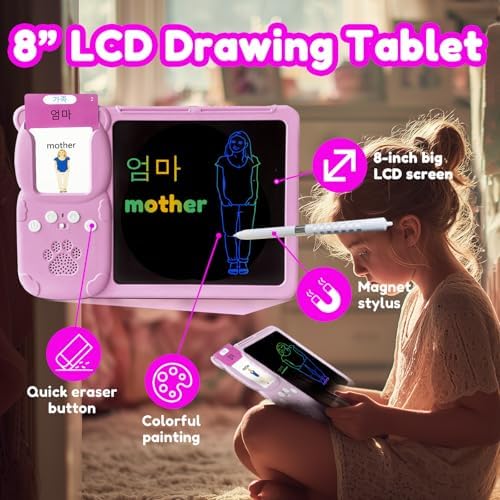 Writing Tablet with Bilingual Flash Cards for Kids, Korean, Pink