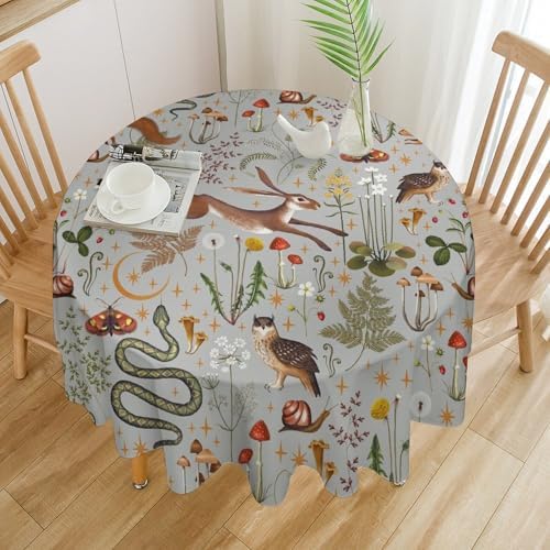 Woodland Animal Tablecloth, Grey Country Forest Hare Squirrel Owl Snake Snail Flowers Mushroom Print Table Cover for Picnic Party Holiday Home Kitchen Dining Table Decor, 60x60in