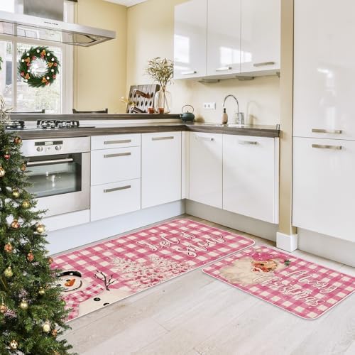JarThenaAMCS Christmas Kitchen Mat Set of 2 Pink Plaid Santa Snowman Kitchen Floor Mats Winter Non-Slip Door Rugs for Xmas Party Home Entrance, 17 x 29 Inch & 17 x 47 Inch