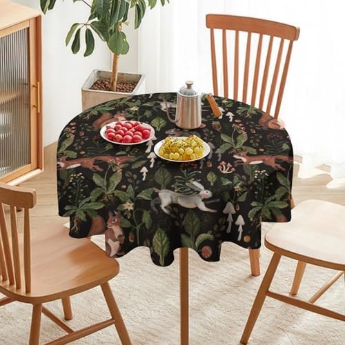 Cartoon Woodland Tablecloth, Watercolor Rustic Forest Wild Animals Bunny Rabbit Squirrel Mushroom Plants Print Table Cloth for Indoor Outdoor Dining Table Party Picnic Decor, 36x36in