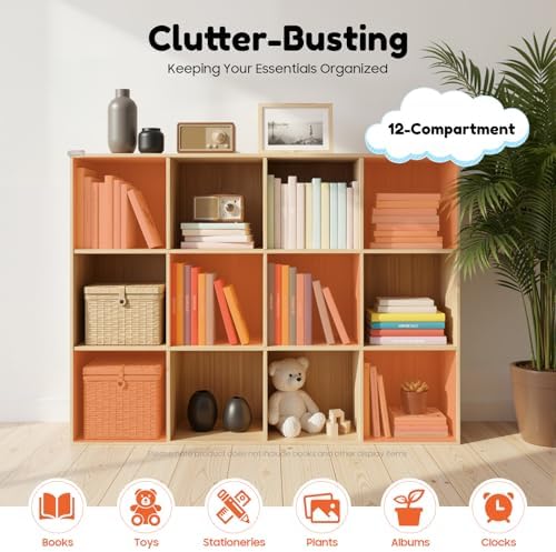 12 Cube Storage Organizer - Solid Wood Bookshelf - Cube Shelf - Vertical or Horizontal Bookcase - Open Book Shelf - Easy Assembly for Bedroom, Living Room, Office