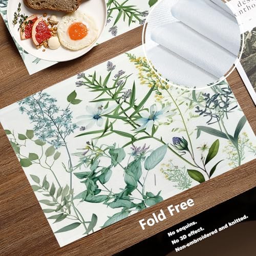Batmerry Summer Green Sage Linen Placemats Set of 8, Vintage Plant Leaves Elegant Blue Wild Flowers Washable Table Mats for Kitchen Table Thickened Heat Insulation Dining Set Indoor Outdoor 12X18 in