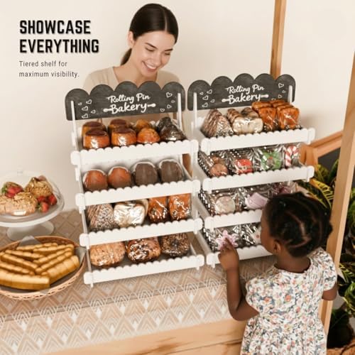 HOTCAN Wooden Cookie Display Stand with Chalkboard Sign for Bakers, Vendors, Craft Fairs | Pastry Display for Market Booths & Events | 4 Tiered Cookie Display for Muffins, Cakes, and Pastries (White)