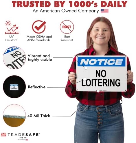 TRADESAFE No Loitering Sign - Quick Install Aluminum Safety Sign, Light Reflective, UV-Resistant, Waterproof, 14” X 10” No Loitering Signs for Business
