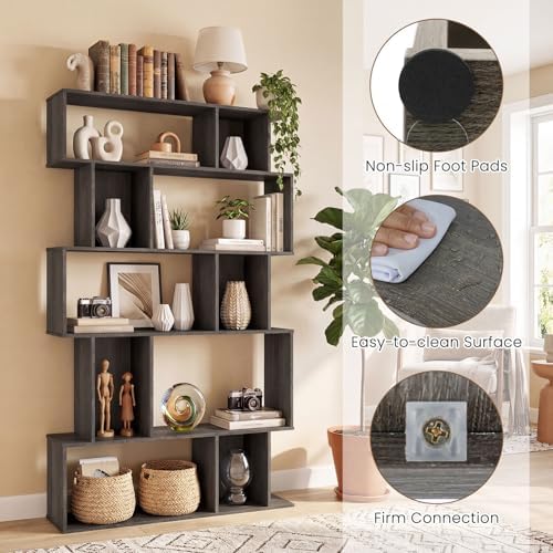 Giantex 5-Tier Bookshelf, 10-Cube Geometric Book Case with 5 Closed-Back Cubbies, Anti-toppling Kits, Open Display Storage Shelf for Living Room, Home Office, Bedroom, Gray