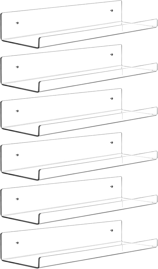 Dezzer 6 Pack Acrylic Shelves for Wall, 15" Clear Acrylic Floating Shelves for Bathroom Bedroom, Invisible Bookshelf Wall Ledge Storage Shelf Books Perfume Toys Action Figure Display Shelves