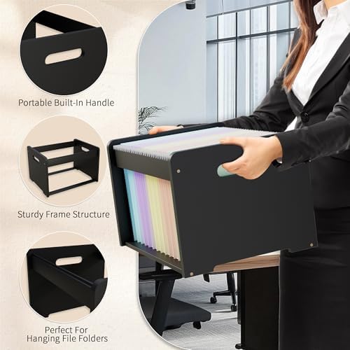 Bamboo Hanging File Organizer, Desktop File Box, Open Top, 1 Pack, Black | Open-Top Access, 2 Hanging Folders Included, Letter & Legal Files, Sliding Rails, Reinforced Handles, Easy Assembly