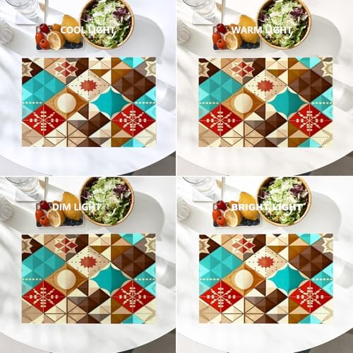 Batmerry Christmas Abstract Patchwork Linen Placemats Set of 4, New Year Winter Blue Geometric Washable Table Mats for Kitchen Table Thickened Heat Insulation Dining Set Indoor Outdoor 12X18 in
