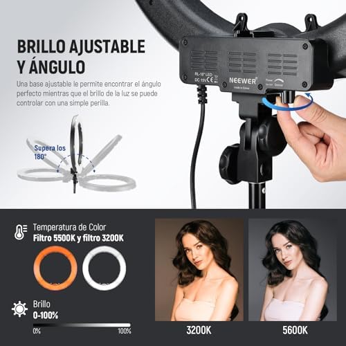 NEEWER Ring Light 18inch Kit: 55W 5600K Professional LED with Stand and Phone Holder, Soft Tube & Bag for Tattoo Lash Extension Barber Makeup Artist Studio Video Photography Lighting, RL-18